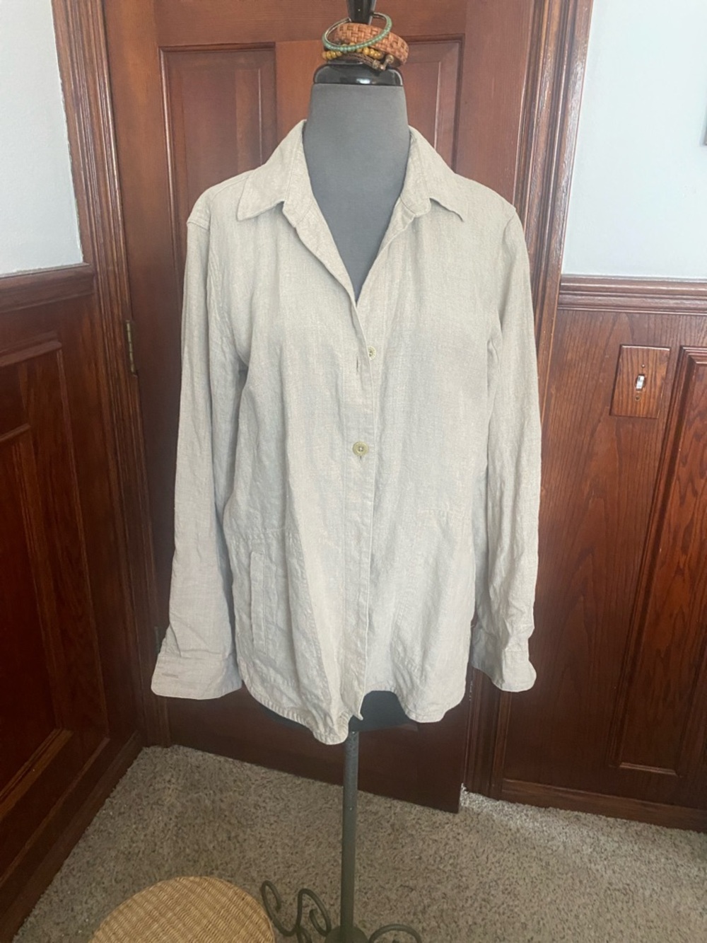 Orvis Light Beige Linen Casual Button-Down Shirt